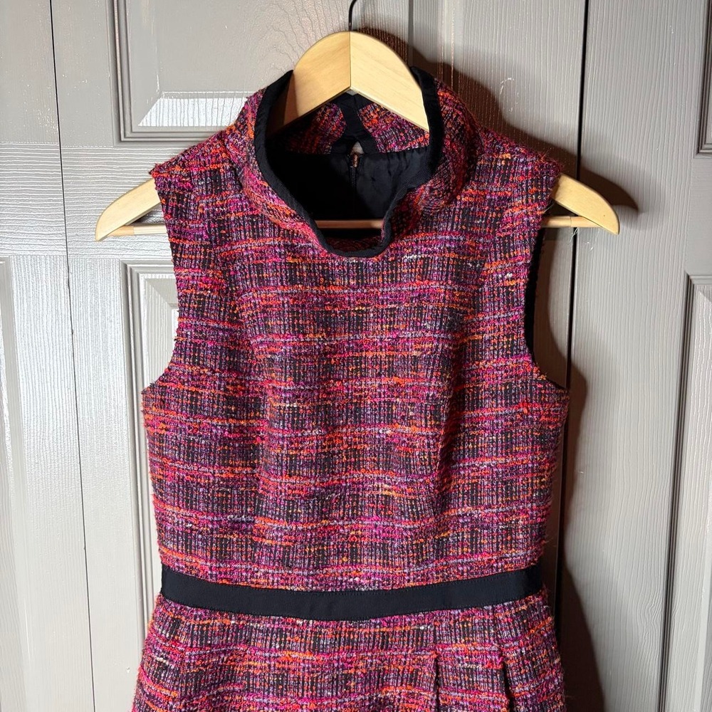 Trina Turk Pink Tweed Sleeveless Dress 4 High Neck A-Line Black Belted Accent - Picture 3 of 6